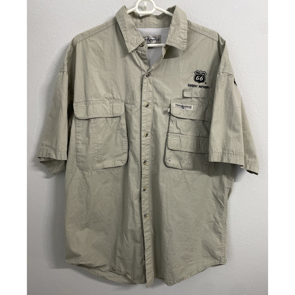 Hook & Tackle Mens Shirt‎ Size L Tan Fishing Button Up Short Sleeves Outdoor